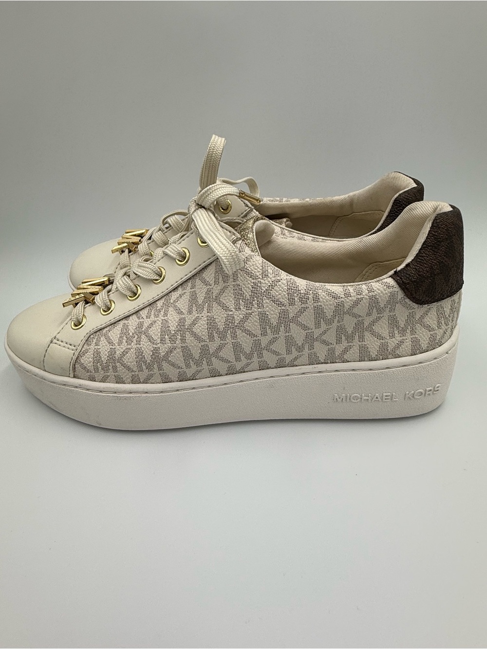 Michael Kors Cream and Brown MK Logo Lace-Up Sneakers for Women